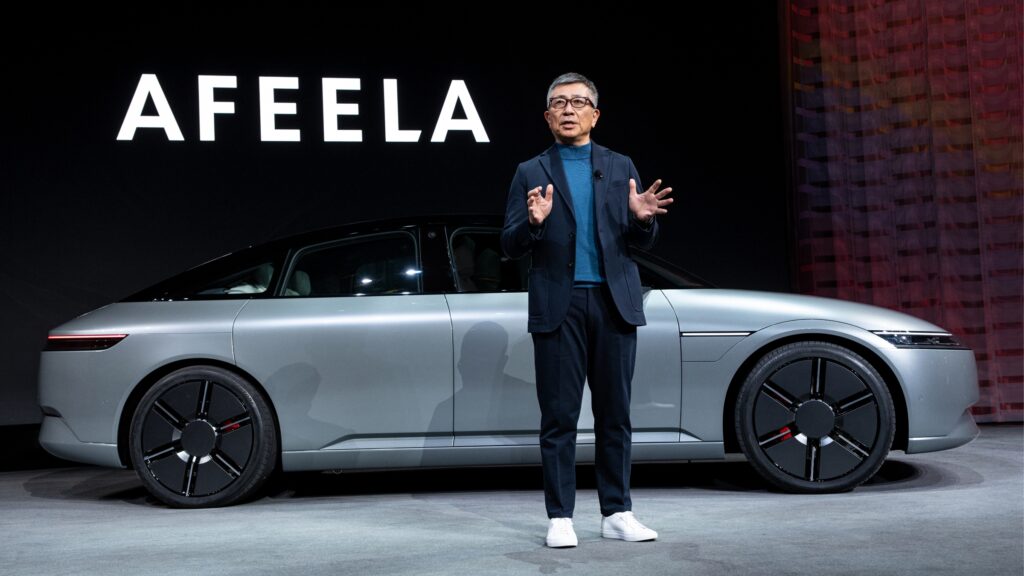 Chairman and CEO Yasuhide Mizuno with the Afeela prototype